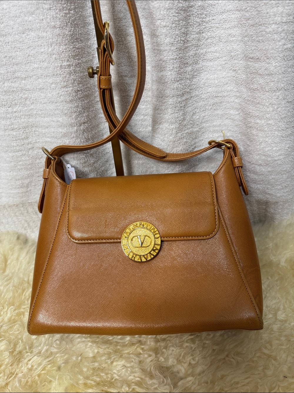 Valentino Garavani Cognac Leather Shoulder Bag with Gold Medallion
